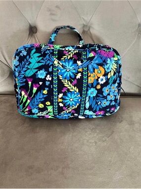 Quilted Floral Travel Cosmetic Case - Navy Blue Multicolor